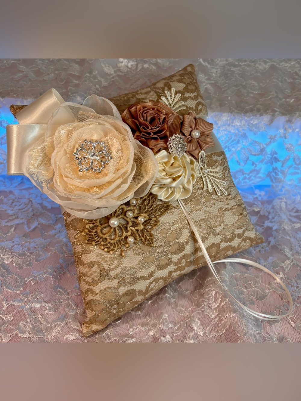 🥂 Handmade Champagne and Ivory Ring Pillow and Flower Basket Set - Picture 4 of 15